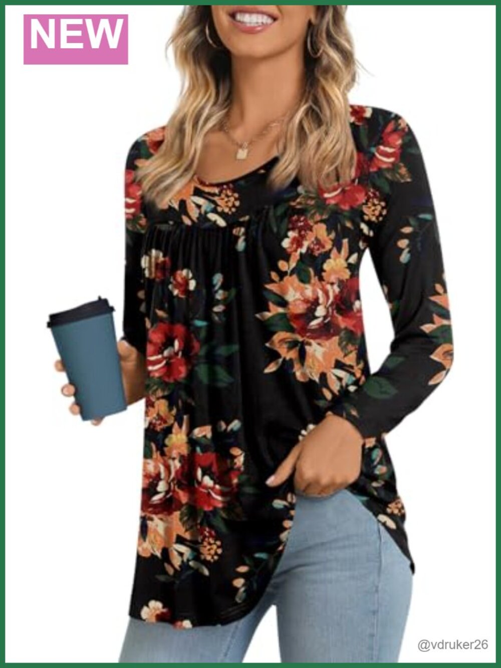 Women's Long Sleeve Pleated Tunic Top Flowy Round Neck Casual Blouse